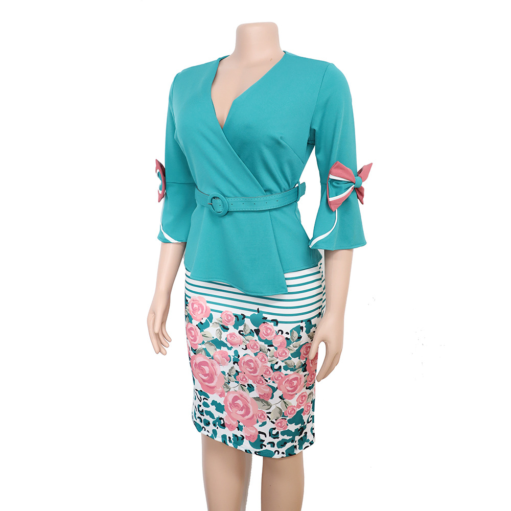 2021 High quality African plus size women's printed striped V-neck flared sleeve commuter dress