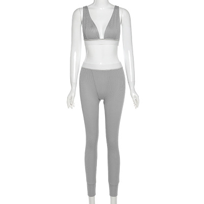 Fitness Tracksuit Sportwear Women Sexy V-enck Top Bra Camisoles Stretchy Leggings Two Piece Gymwear