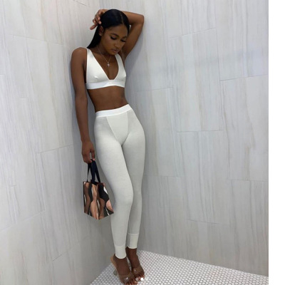 Fitness Tracksuit Sportwear Women Sexy V-enck Top Bra Camisoles Stretchy Leggings Two Piece Gymwear