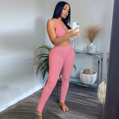 Fitness Tracksuit Sportwear Women Sexy V-enck Top Bra Camisoles Stretchy Leggings Two Piece Gymwear