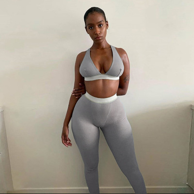 Fitness Tracksuit Sportwear Women Sexy V-enck Top Bra Camisoles Stretchy Leggings Two Piece Gymwear