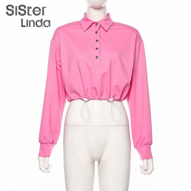 2021 High quality Female T-shirts Womens Cotton Drawstring Cropped Tops long sleeve