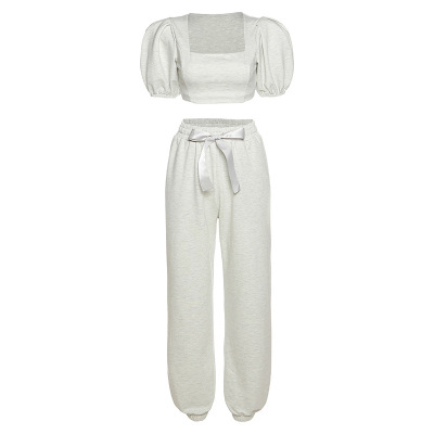 2021 High quality Square Collar Lantern Sleeve Top High Waist Pants Tracksuit 2Piece Set Women Casual Outfits Suit