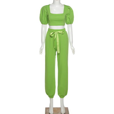 2021 High quality Square Collar Lantern Sleeve Top High Waist Pants Tracksuit 2Piece Set Women Casual Outfits Suit