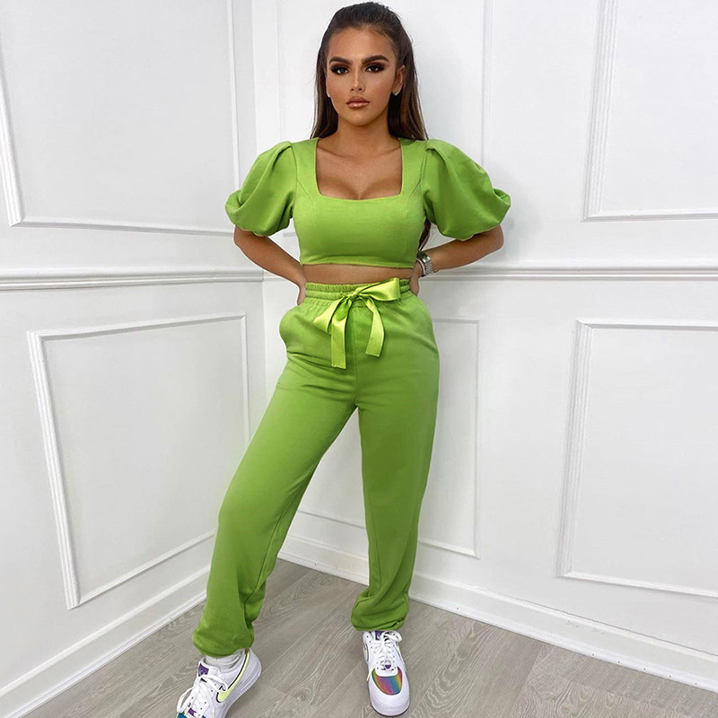 2021 High quality Square Collar Lantern Sleeve Top High Waist Pants Tracksuit 2Piece Set Women Casual Outfits Suit