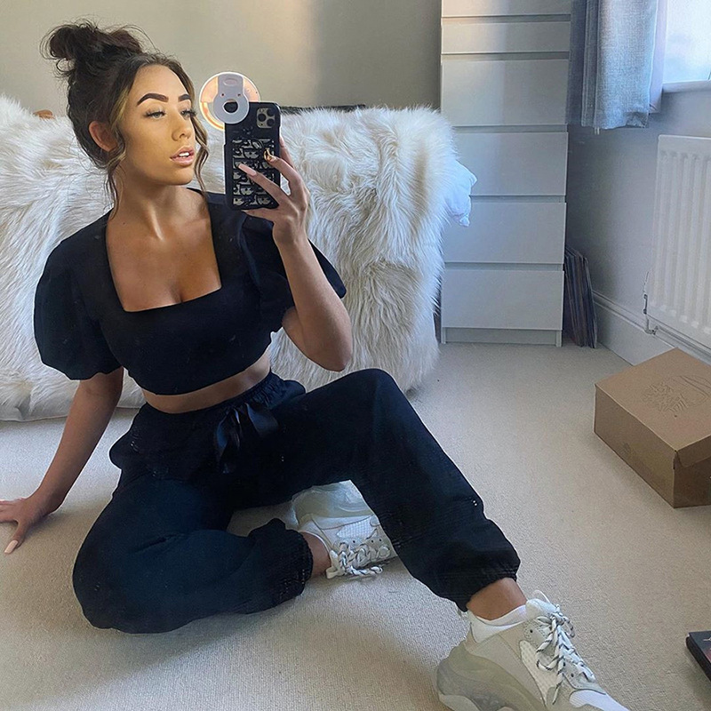 2021 High quality Square Collar Lantern Sleeve Top High Waist Pants Tracksuit 2Piece Set Women Casual Outfits Suit