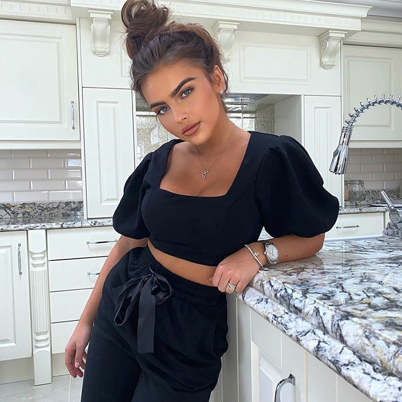 2021 High quality Square Collar Lantern Sleeve Top High Waist Pants Tracksuit 2Piece Set Women Casual Outfits Suit