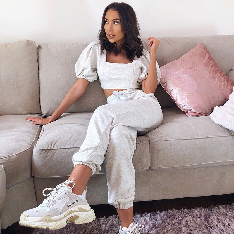 2021 High quality Square Collar Lantern Sleeve Top High Waist Pants Tracksuit 2Piece Set Women Casual Outfits Suit