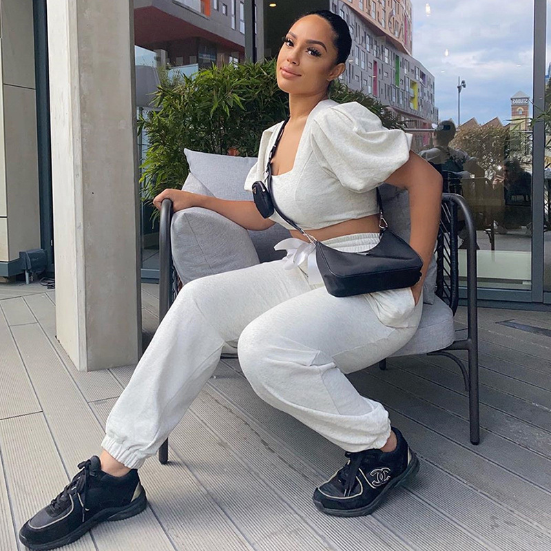 2021 High quality Square Collar Lantern Sleeve Top High Waist Pants Tracksuit 2Piece Set Women Casual Outfits Suit