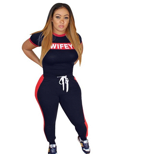 2021 High quality Casual Two Pieces Women Track Suit Sport Short Sleeve Letter Print Red Stripe Long Pants Plus Size