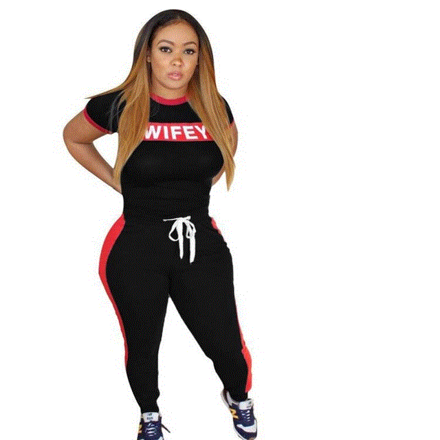2021 High quality Casual Two Pieces Women Track Suit Sport Short Sleeve Letter Print Red Stripe Long Pants Plus Size