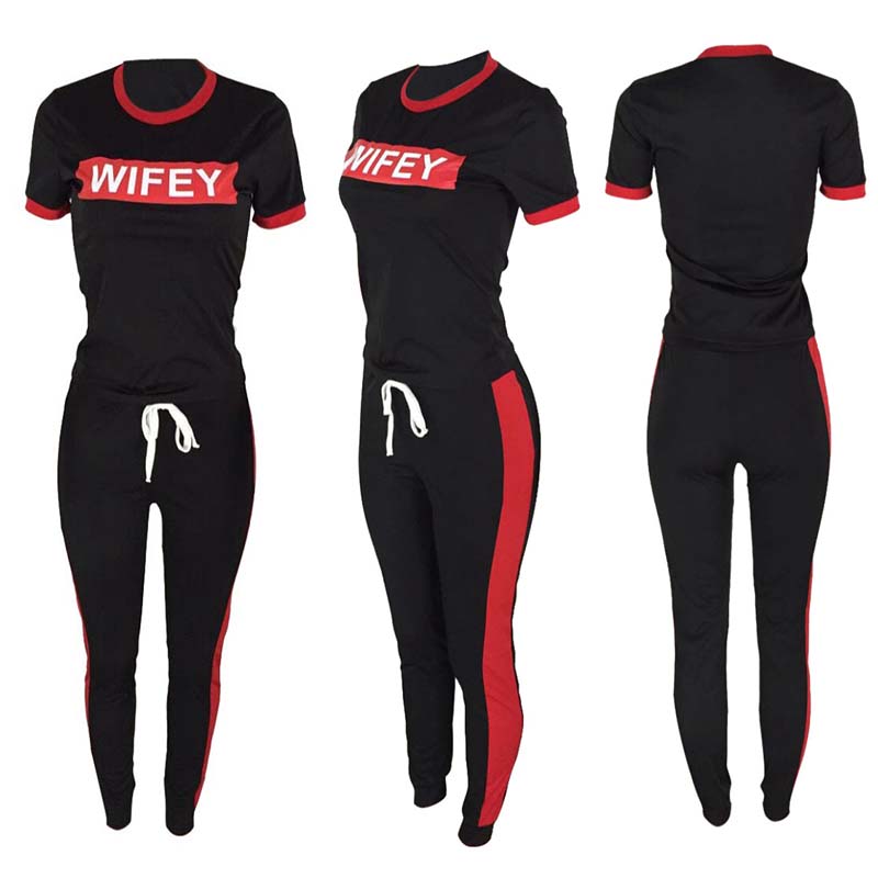 2021 High quality Casual Two Pieces Women Track Suit Sport Short Sleeve Letter Print Red Stripe Long Pants Plus Size