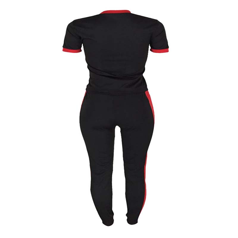 2021 High quality Casual Two Pieces Women Track Suit Sport Short Sleeve Letter Print Red Stripe Long Pants Plus Size