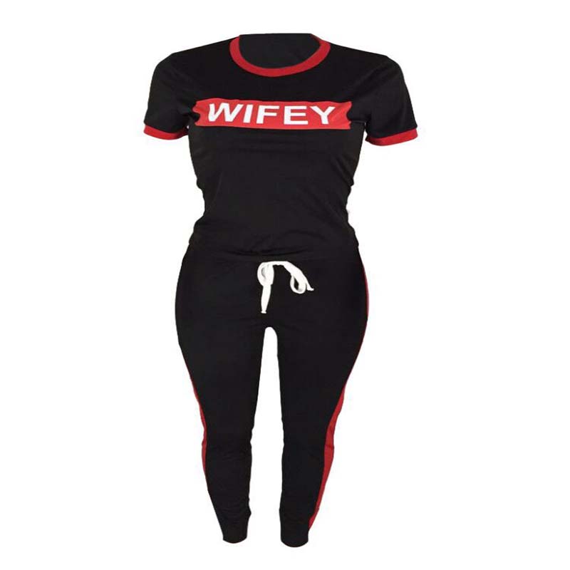 2021 High quality Casual Two Pieces Women Track Suit Sport Short Sleeve Letter Print Red Stripe Long Pants Plus Size