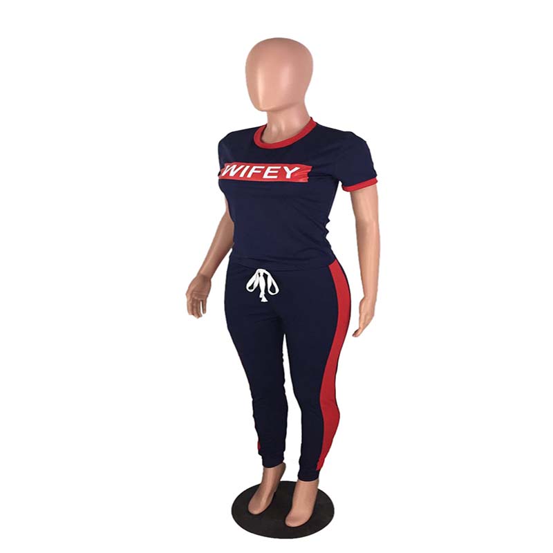 2021 High quality Casual Two Pieces Women Track Suit Sport Short Sleeve Letter Print Red Stripe Long Pants Plus Size