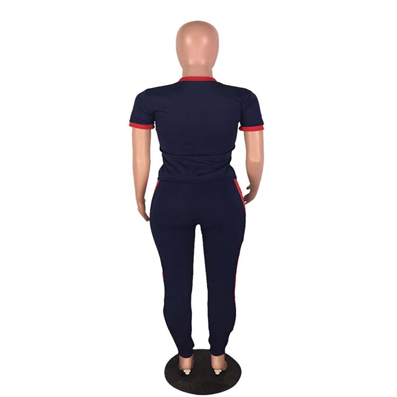 2021 High quality Casual Two Pieces Women Track Suit Sport Short Sleeve Letter Print Red Stripe Long Pants Plus Size