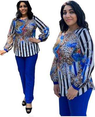 2021 High quality African plus size women's round neck popular leopard print stitching commuter two-piece suit