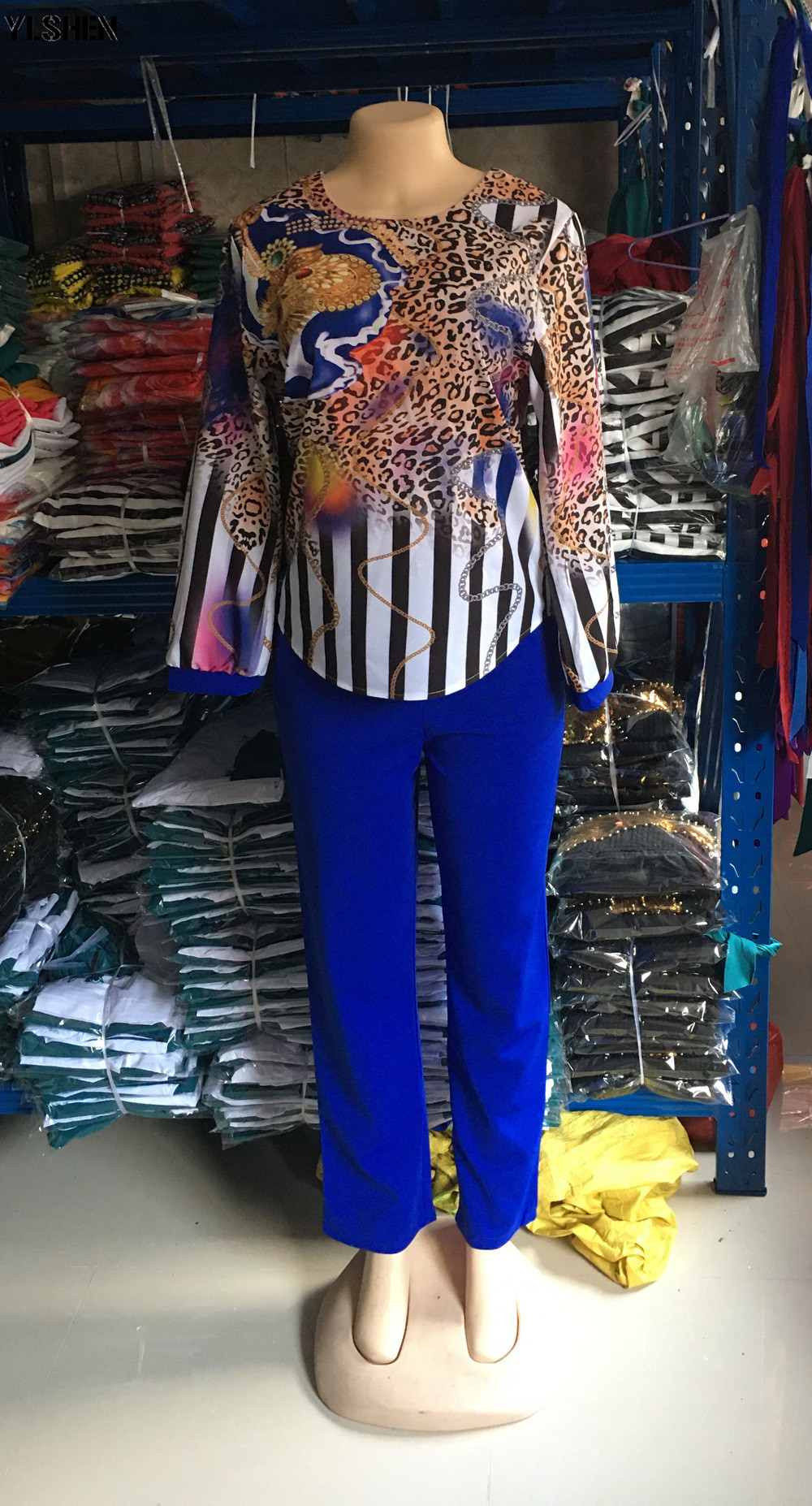 2021 High quality African plus size women's round neck popular leopard print stitching commuter two-piece suit