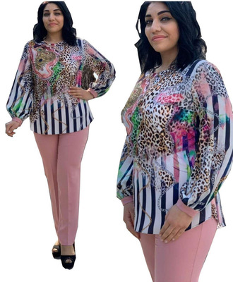 2021 High quality African plus size women's round neck popular leopard print stitching commuter two-piece suit