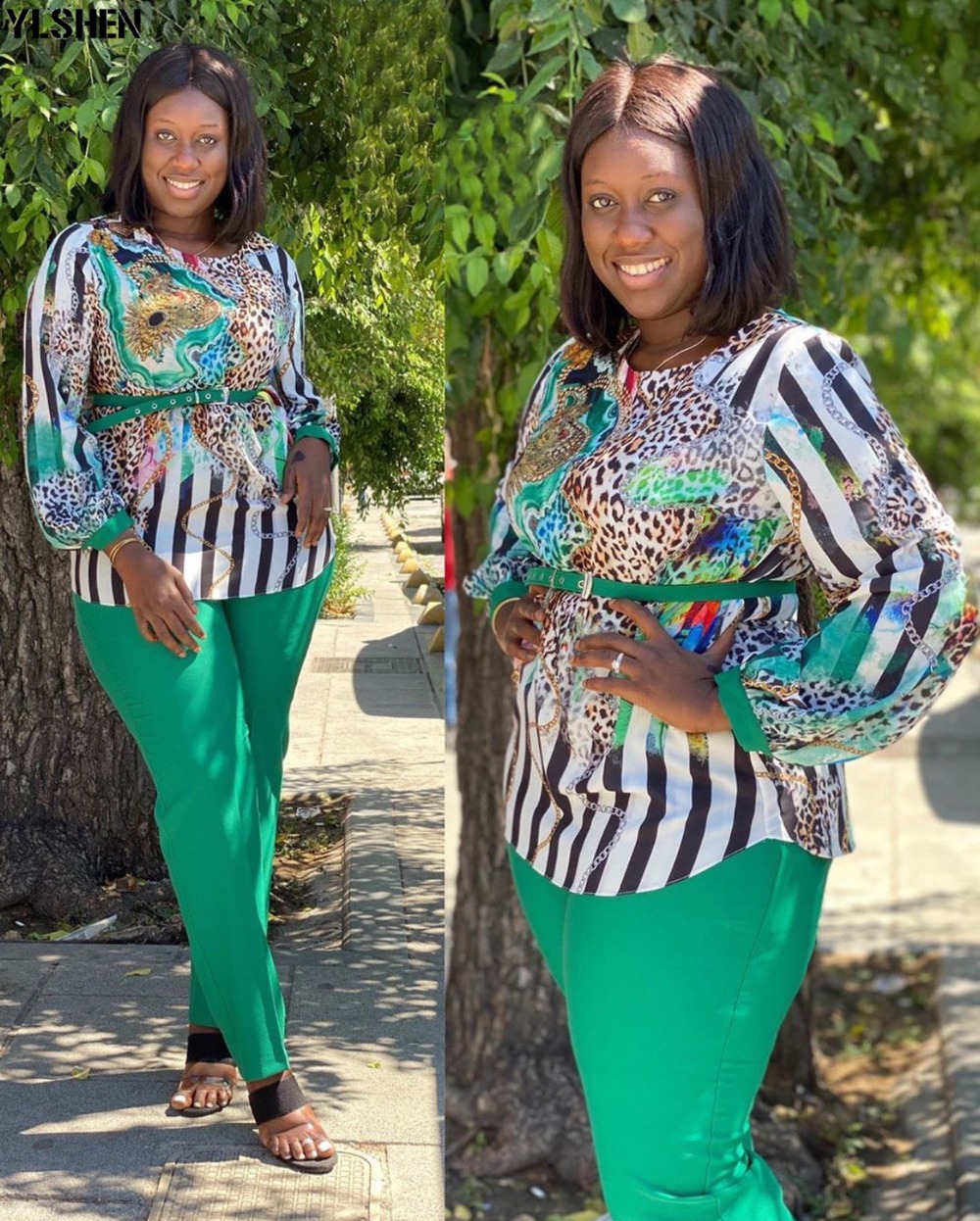 2021 High quality African plus size women's round neck popular leopard print stitching commuter two-piece suit