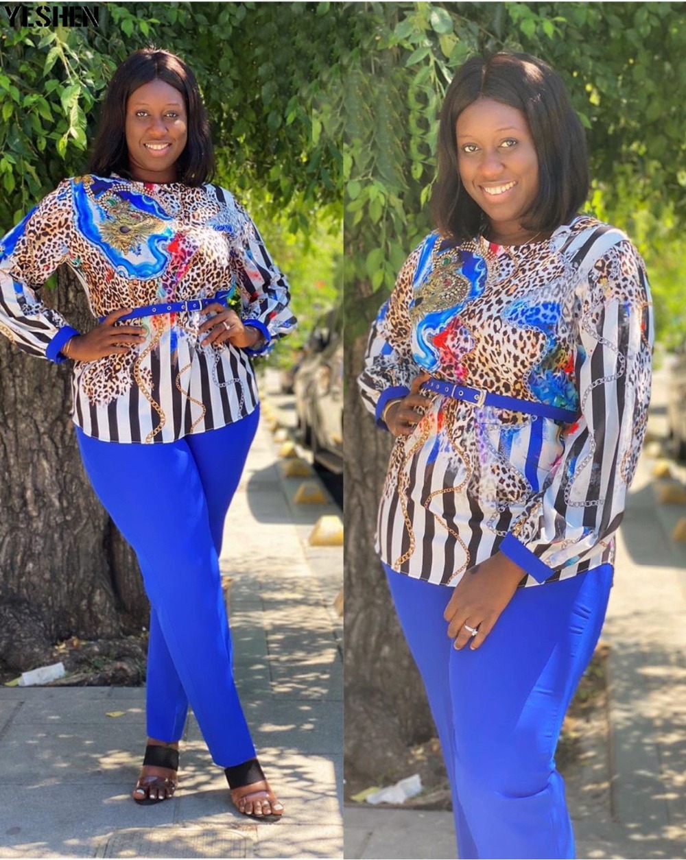 2021 High quality African plus size women's round neck popular leopard print stitching commuter two-piece suit