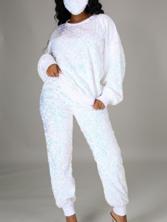 2021 High quality S-5XL 3 Piece Set African Clothes For Women Long Sleeve Sequined Elastic Top Pants Suit