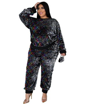 2021 High quality S-5XL 3 Piece Set African Clothes For Women Long Sleeve Sequined Elastic Top Pants Suit