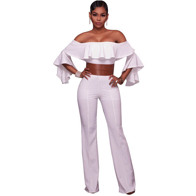 2021 High quality Elegant Office Lady African Jumpsuit for Women Off Shoulder Flare Sleeve Jumpsuit