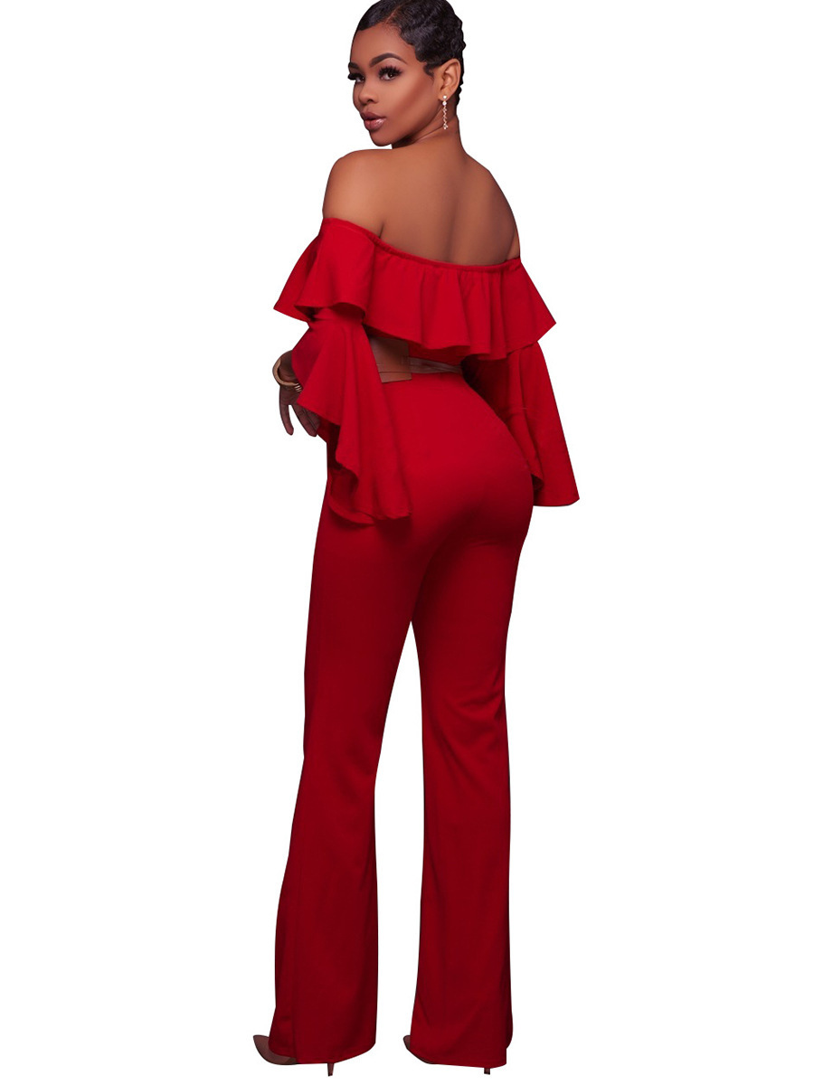 2021 High quality Elegant Office Lady African Jumpsuit for Women Off Shoulder Flare Sleeve Jumpsuit