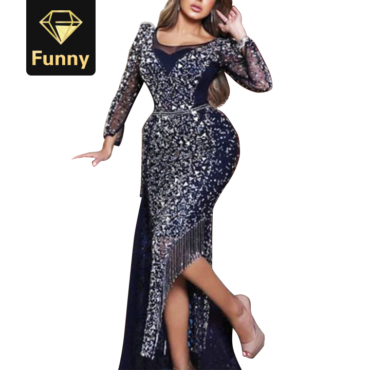 2021 High quality Women Navy Long Sleeve Bodycon Maxi Dress Club Party Diamonds Tassel Dress
