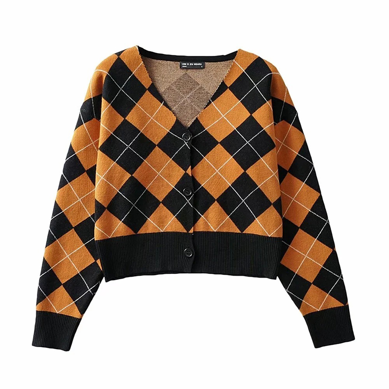 2021 High quality Plaid Cardigans for Women Autumn Oversized Vintage Sweater V-neck Style Top
