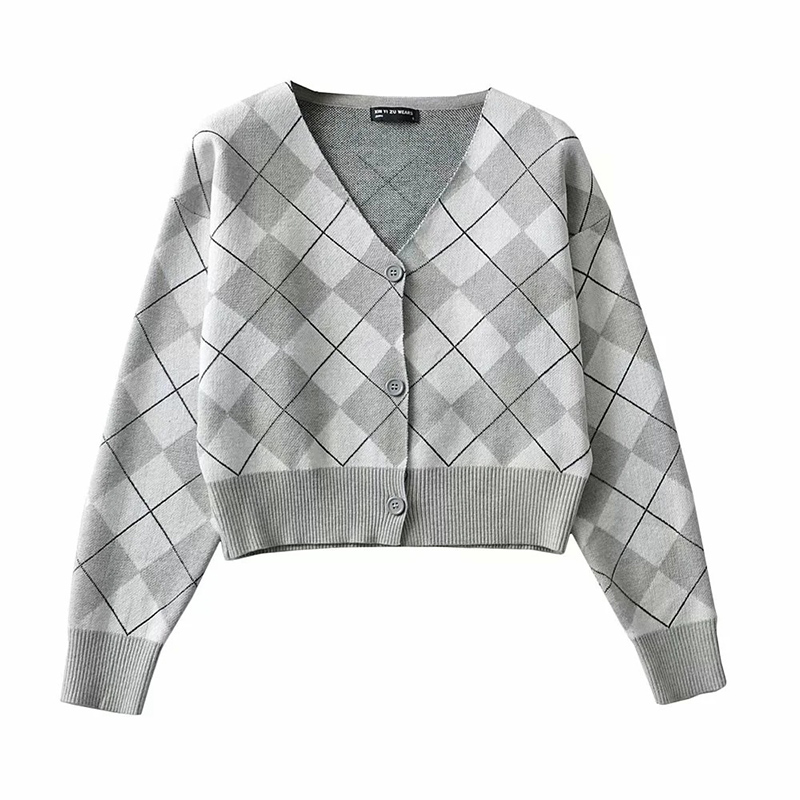 2021 High quality Plaid Cardigans for Women Autumn Oversized Vintage Sweater V-neck Style Top