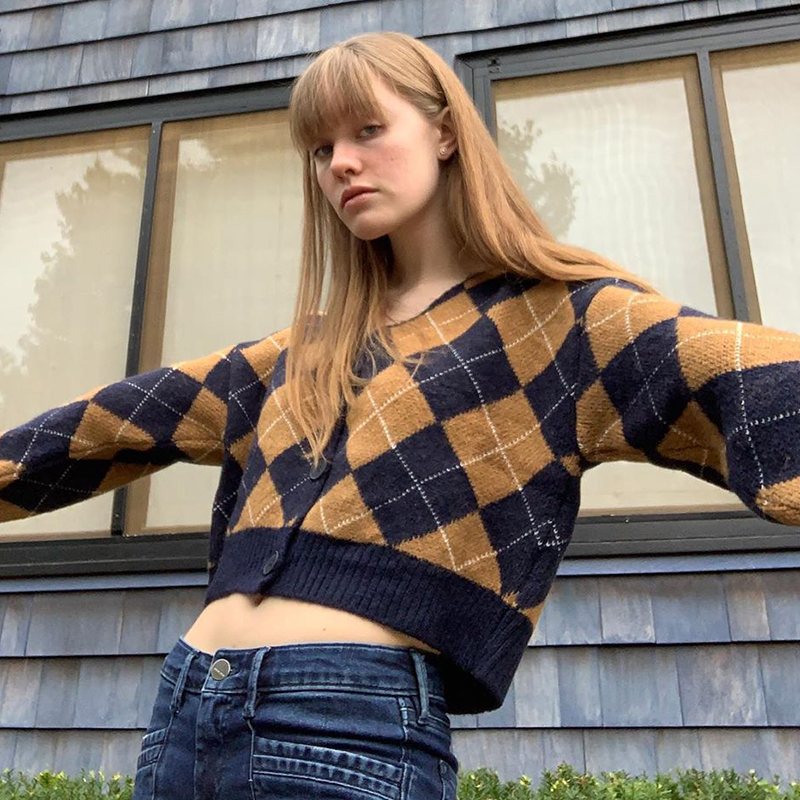 2021 High quality Plaid Cardigans for Women Autumn Oversized Vintage Sweater V-neck Style Top