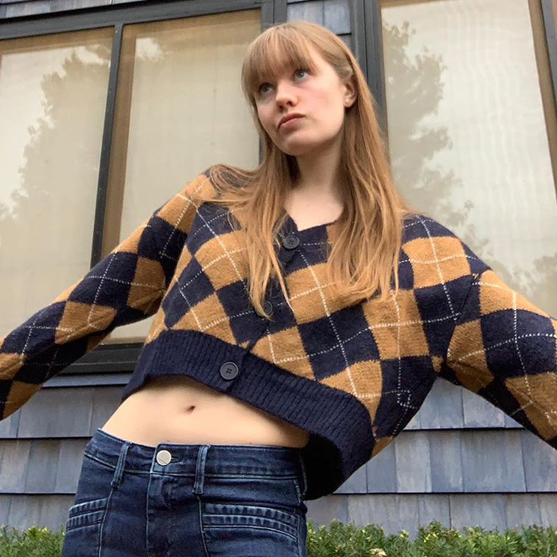 2021 High quality Plaid Cardigans for Women Autumn Oversized Vintage Sweater V-neck Style Top