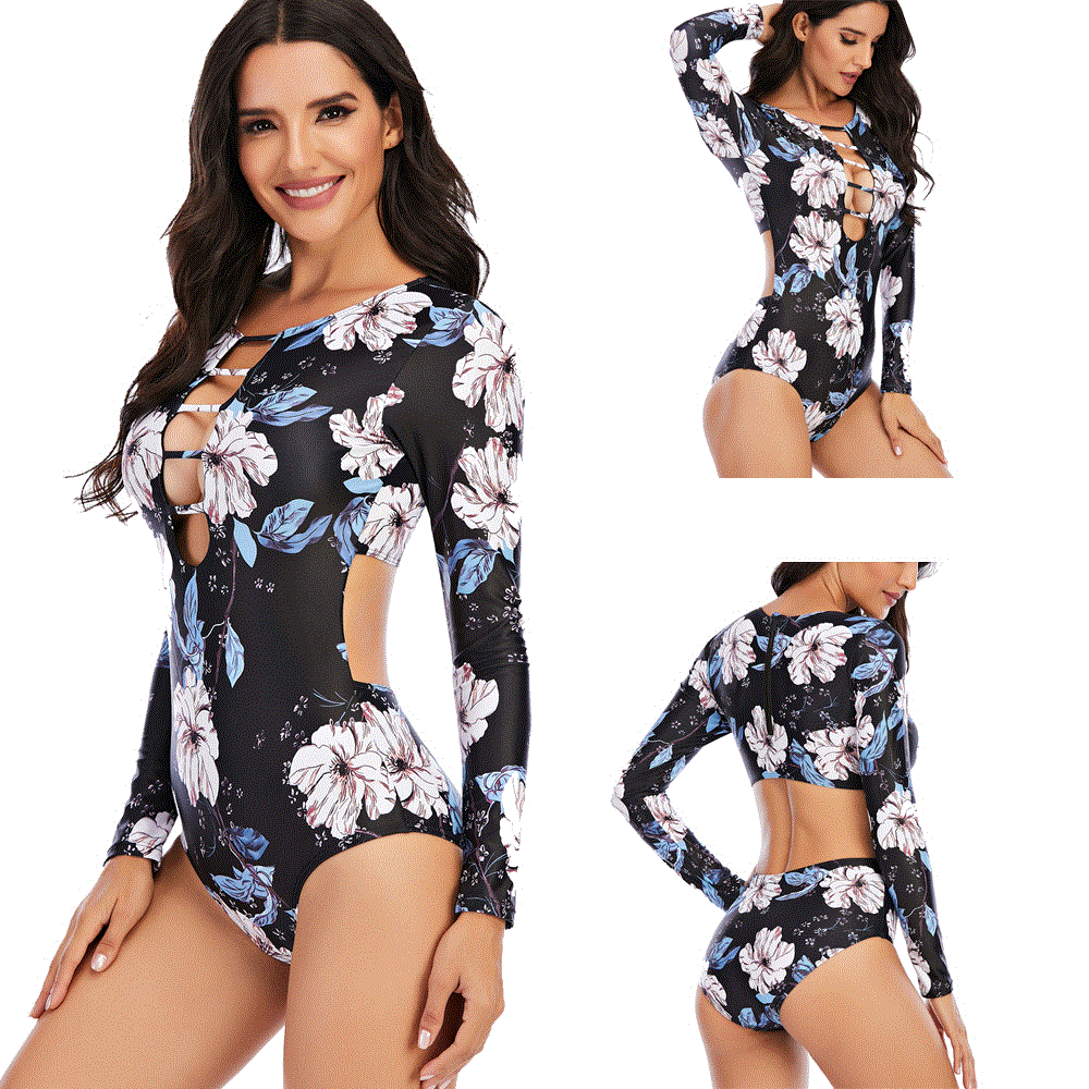 2021 High quality Women Long Sleeve Swimsuit One Piece Backless Surfing Active Swimwear