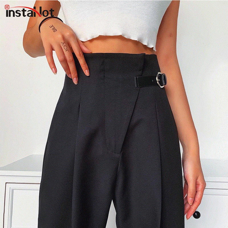 2021 High quality Black Casual Straight Suit Pant Women High Waist Buckle Side Loose Office Lady Elegant Trousers
