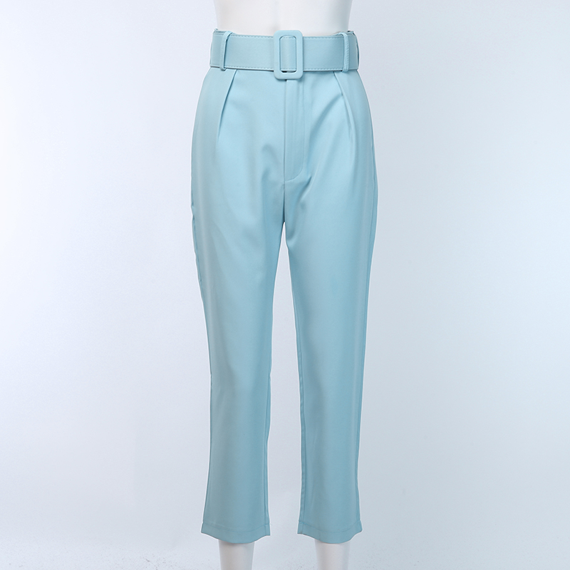 2021 High quality Casual High Waist Pencil Pants Women Belt Ankle LengthBlue Zipper Suit Trousers