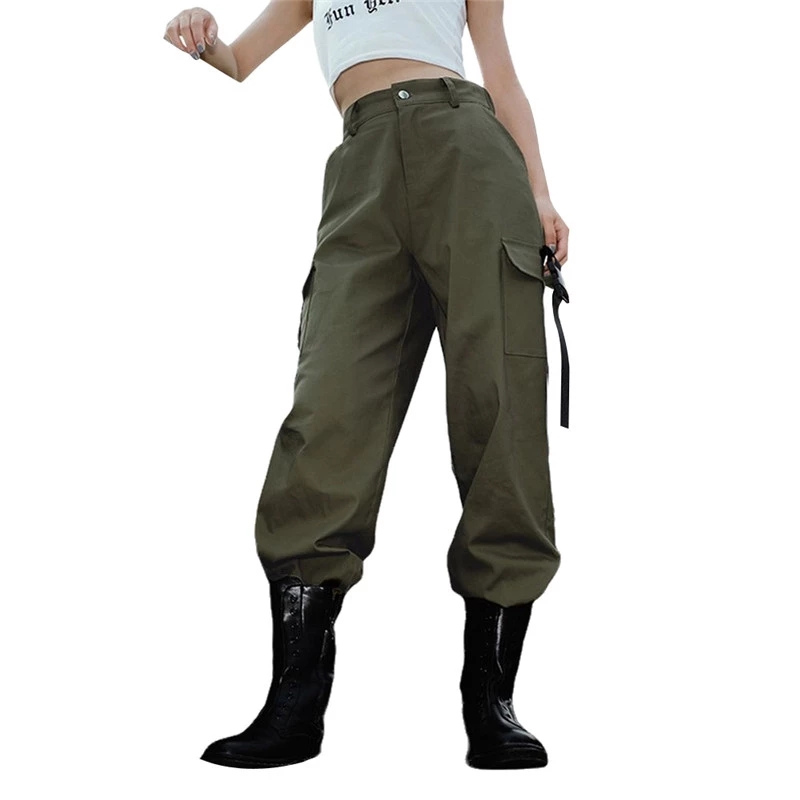 2021 High quality Women Solid Color Trousers Pocket Buckle Side Pocket Trousers Casual Harlan Pants