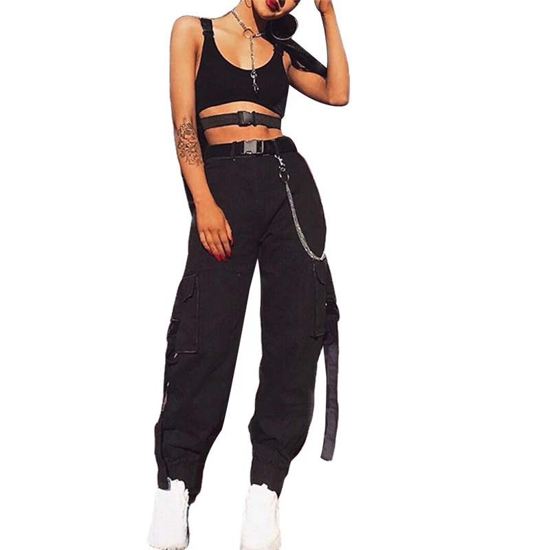 2021 High quality Women Solid Color Trousers Pocket Buckle Side Pocket Trousers Casual Harlan Pants