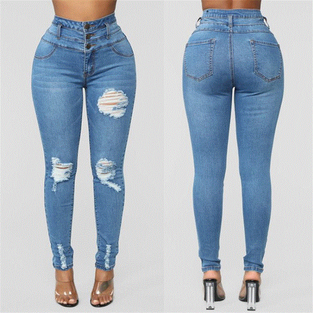 2021 High quality Women's  High-waisted Washed Frayed Skinny Trousers Sexy Female Jeans