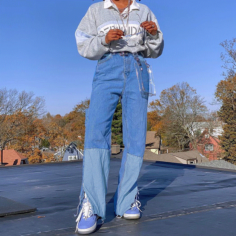 2021 High quality Women Color-blocking Pocket Decoration Split Trousers Ladies Loose Straight-leg Jeans