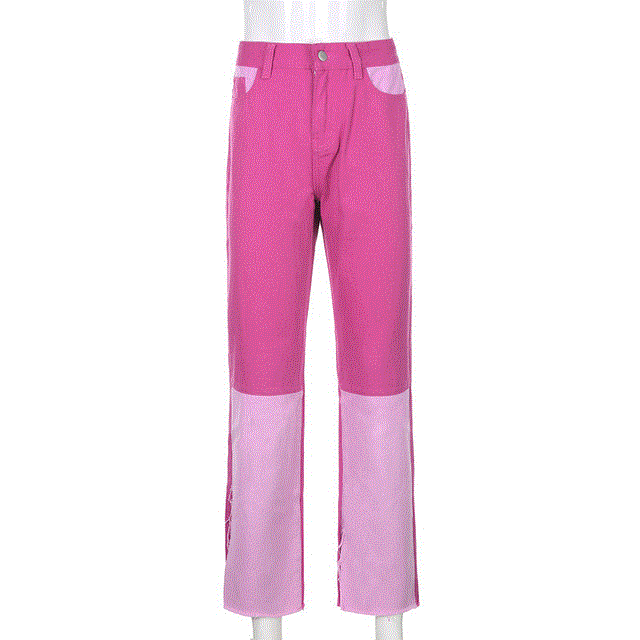 2021 High quality Women Color-blocking Pocket Decoration Split Trousers Ladies Loose Straight-leg Jeans