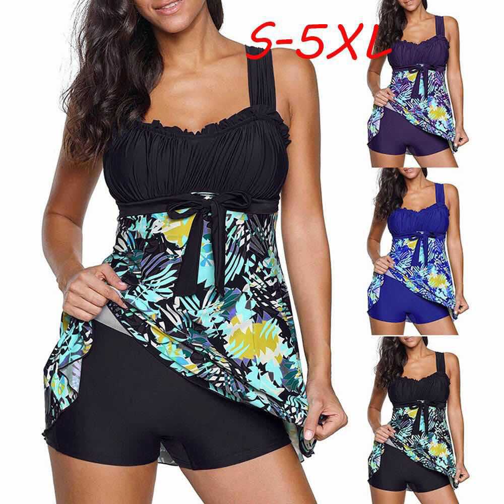 2021 High quality Plus Size High Cut Swimdress Tankini Swimsuits Floral Push Up Swimwear Women Ladies With Shorts