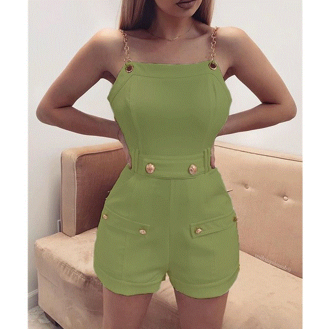 2021 High quality Fashion Women Sleeveless Chain Belt Stylish Jumpsuit Shorts Trouser Ladies Holiday Casual Streetwear