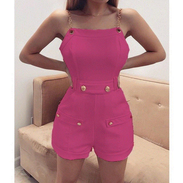 2021 High quality Fashion Women Sleeveless Chain Belt Stylish Jumpsuit Shorts Trouser Ladies Holiday Casual Streetwear