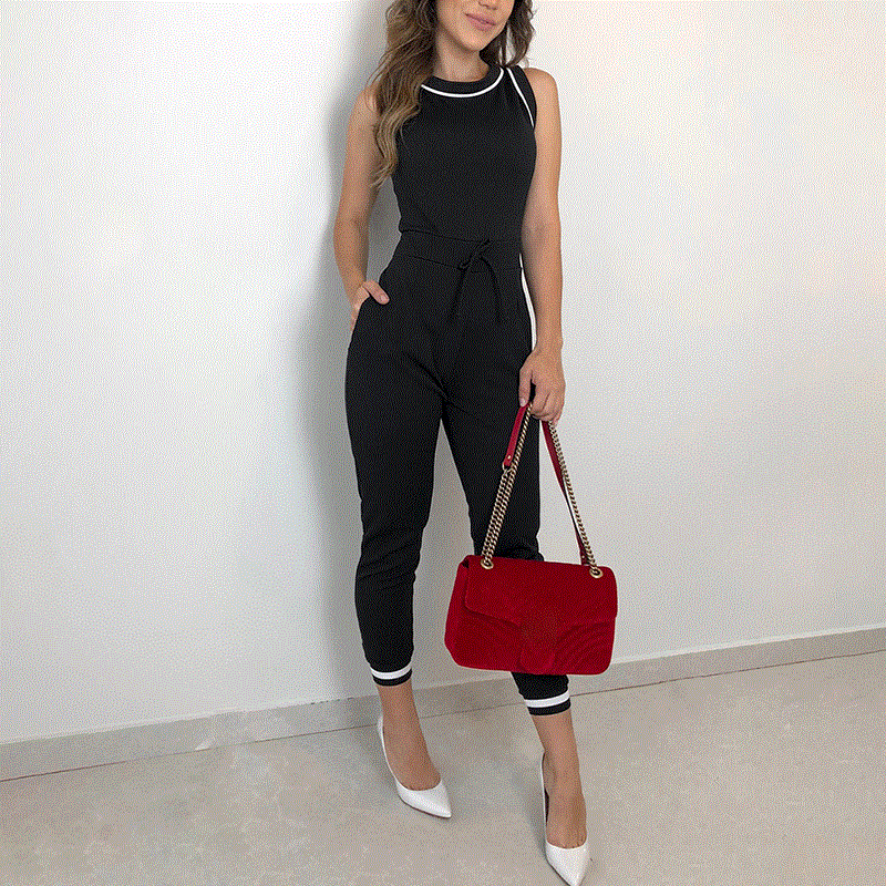 2021 High quality Summer Women Fashion Jumpsuit Elegant Black Sleeveless Slim Fit Romper Ladies Trousers Lace Up Pants