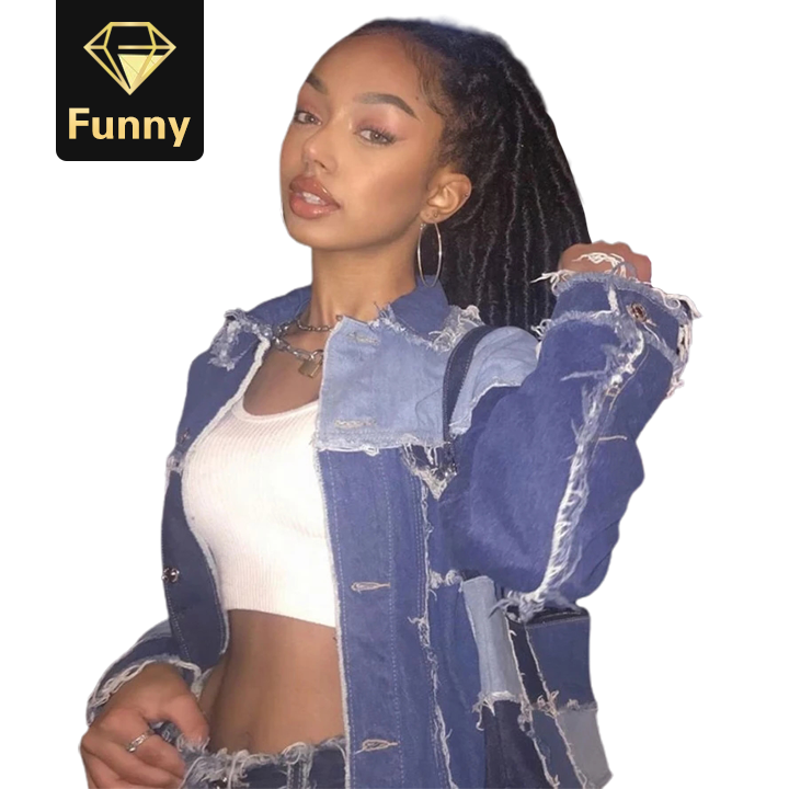 2021 High quality Hot Selling Patchwork Color Match Jeans Jacket Women Long Sleeve Street Style  Fashion Denim Jacket