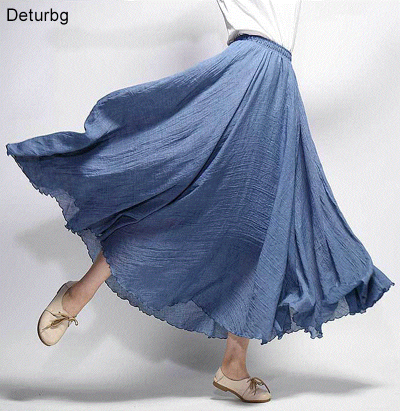 2021 High quality Women Elegant High Waist Linen Maxi Skirt Summer Lady Casual Elastic Waist 2 Layers Skirts feminina