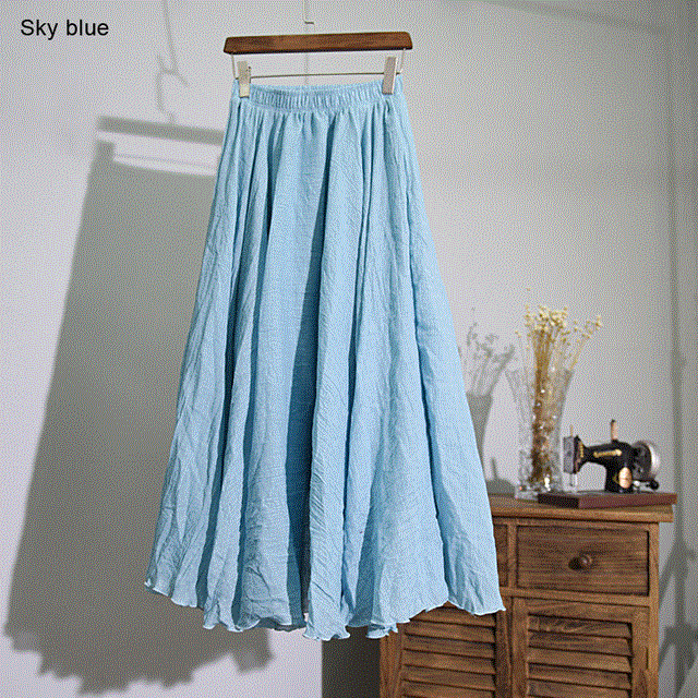 2021 High quality Women Elegant High Waist Linen Maxi Skirt Summer Lady Casual Elastic Waist 2 Layers Skirts feminina