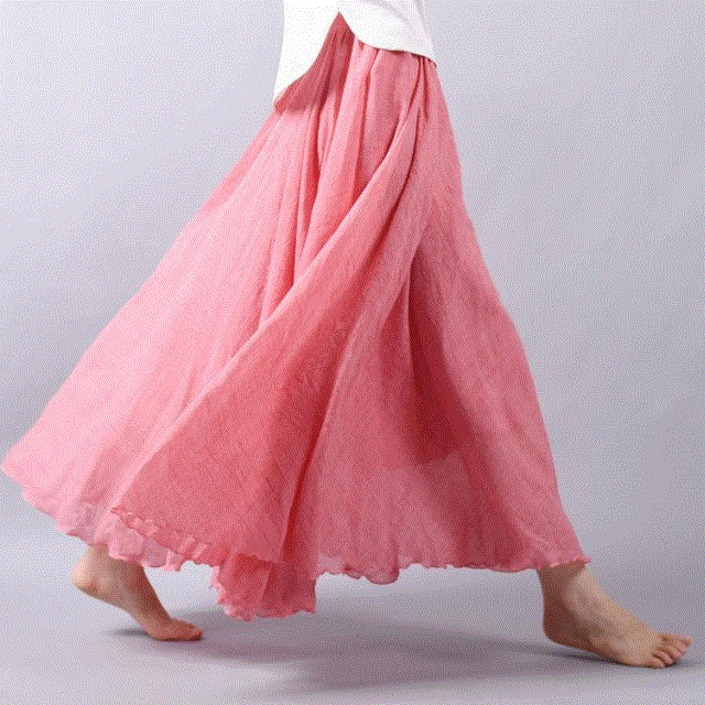2021 High quality Women Elegant High Waist Linen Maxi Skirt Summer Lady Casual Elastic Waist 2 Layers Skirts feminina